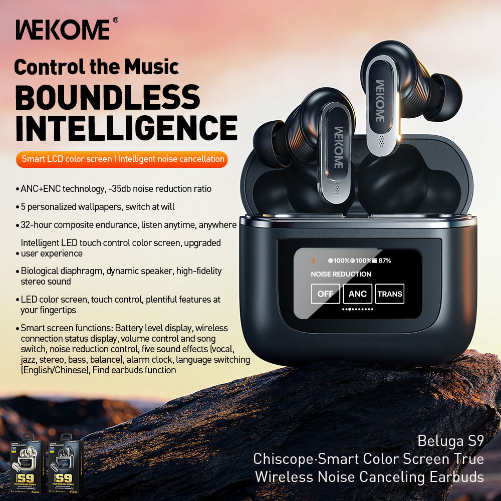 WEKOME Beluga S9 intelligent color screen ANC active noise reduction wireless Bluetooth earphones with ultra long battery life