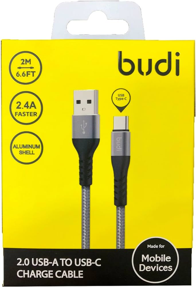 Budi 2m Nylon Braided USB C Fast Charging Cable with Metal Case - Grey