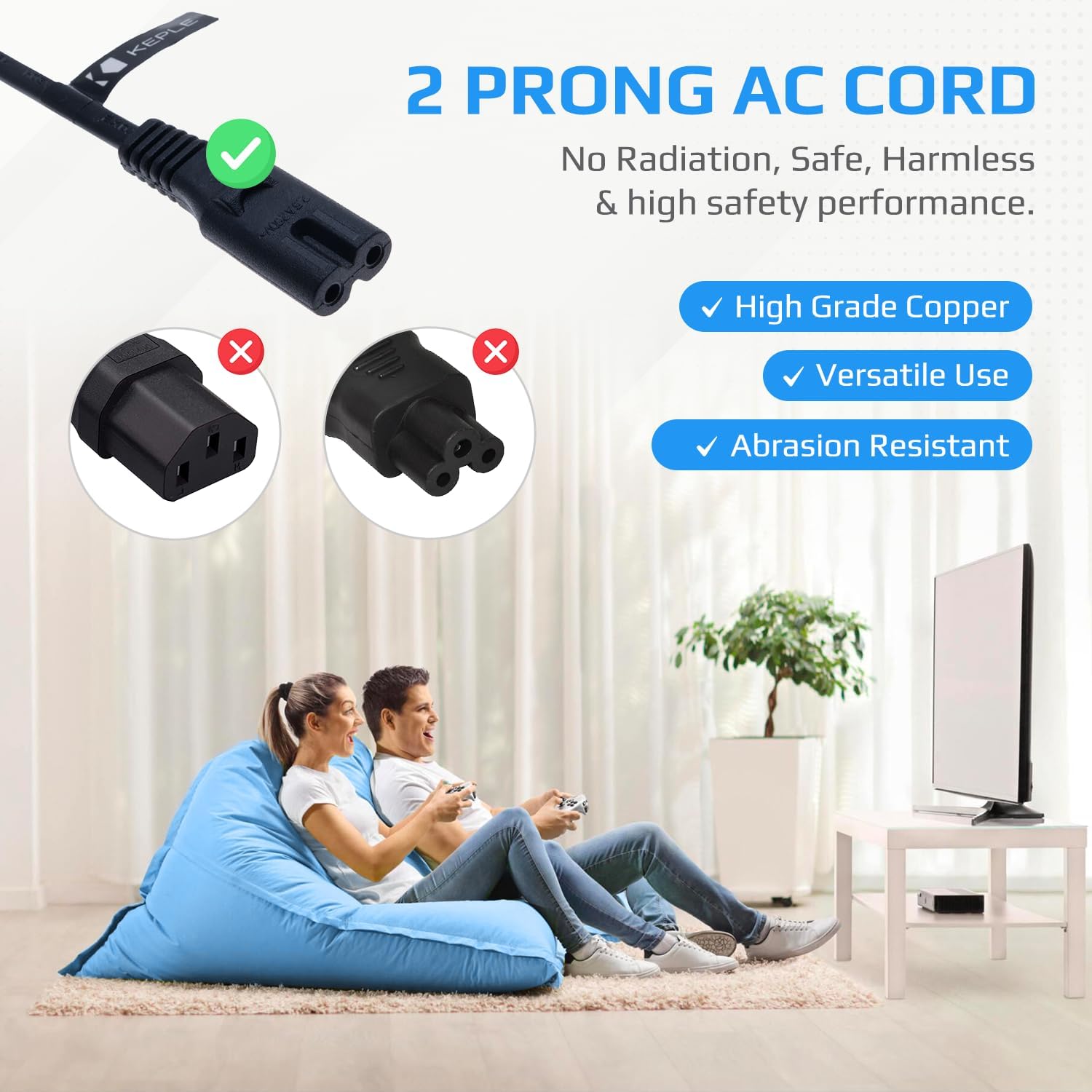 QINOPU 2 Pin Mains Power Lead Charger UK Wall Cord 1m