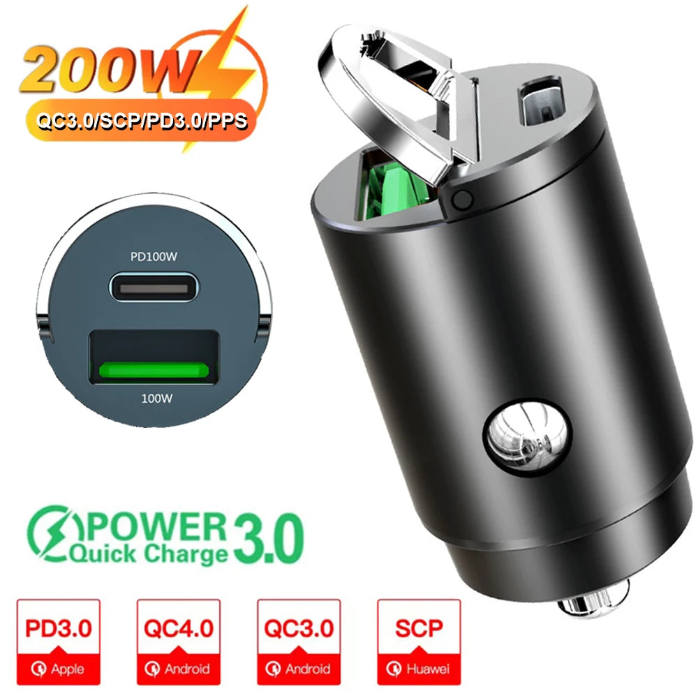 Car Charger (5A-200W) Fast Charing 2x(USB Port 12-24V) Cigarette Socket Car USB-C Charger