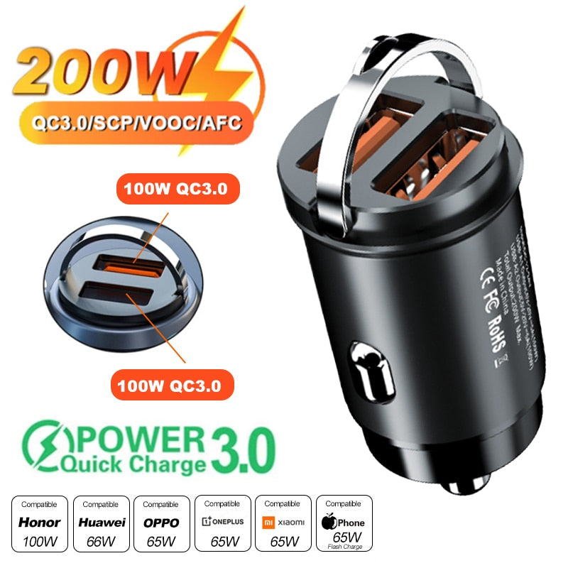 Car Charger (5A-200W) Fast Charing 2x(USB Port 12-24V) Cigarette Socket Car USB-C Charger