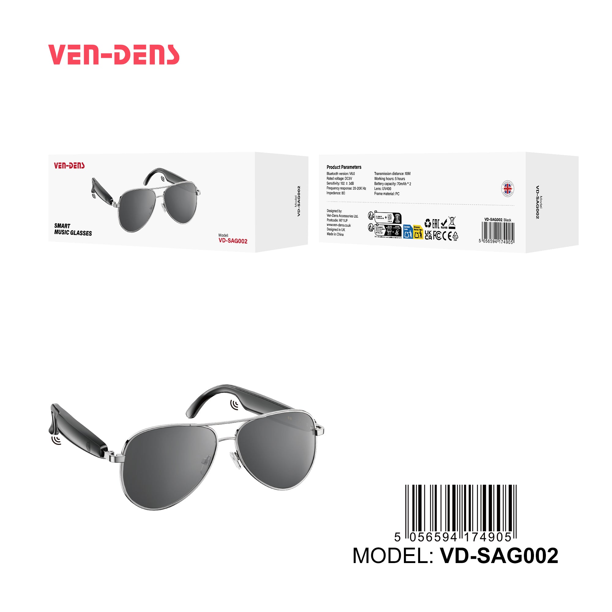 Smart Music Glasses with Bluetooth 6.0, Open-Ear Audio, Hands-Free Calling, UV400 Protection – Model VD-SAG002